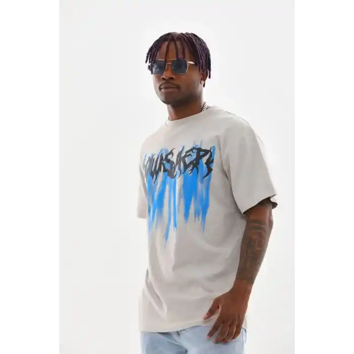 Unisex Baskılı Oversize T-Shirt - Gri