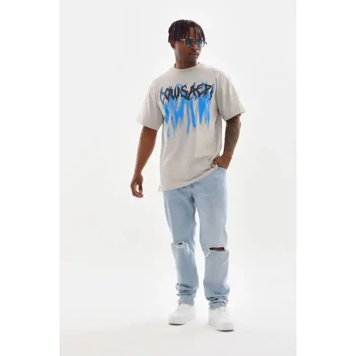 Unisex Baskılı Oversize T-Shirt - Gri