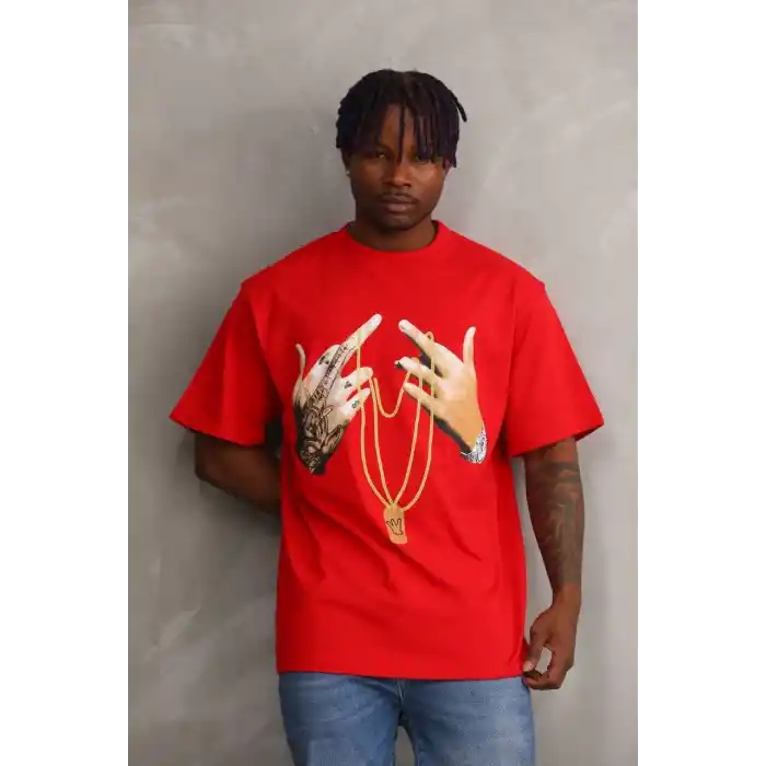 Unisex Baskılı Oversize T-Shirt - Kırmızı