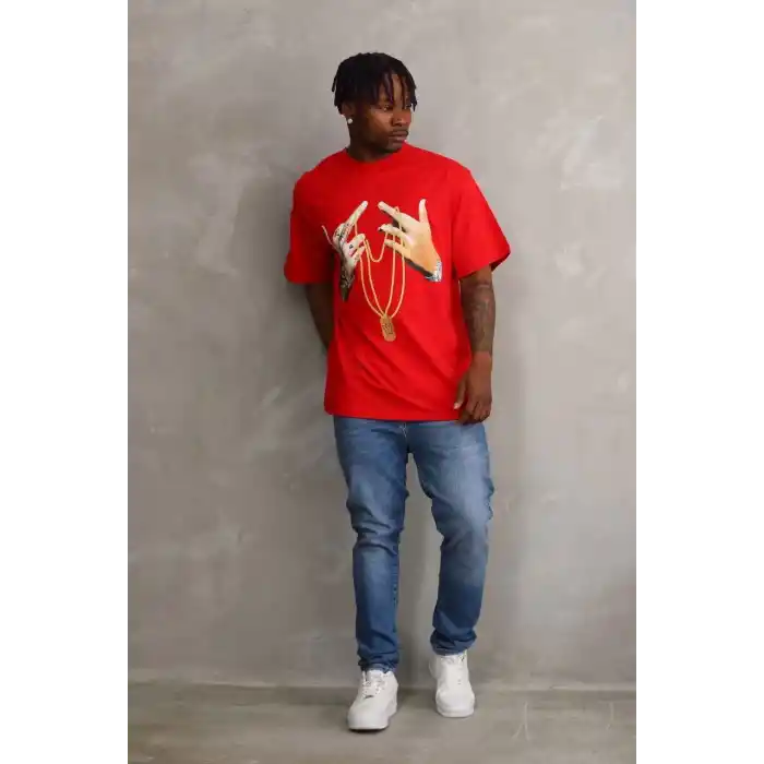 Unisex Baskılı Oversize T-Shirt - Kırmızı