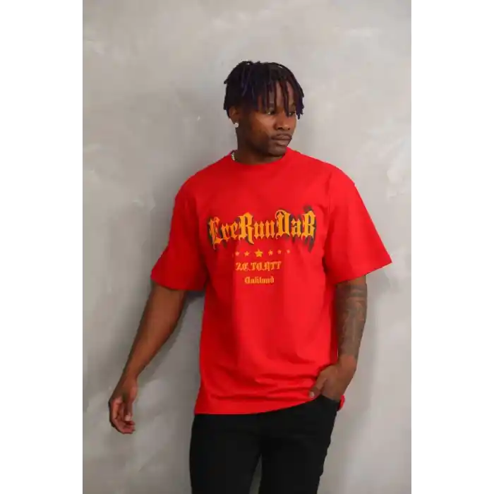 Unisex Baskılı Oversize T-Shirt - Kırmızı