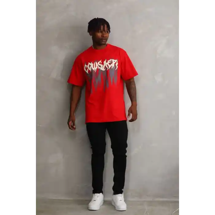 Unisex Baskılı Oversize T-Shirt - Kırmızı