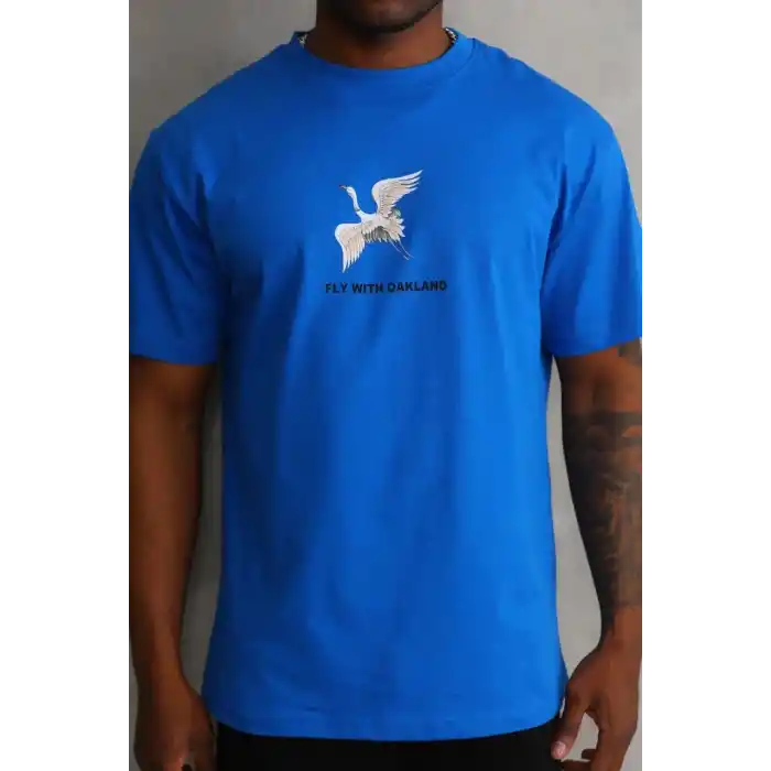 Unisex Baskılı Oversize T-Shirt - Mavi