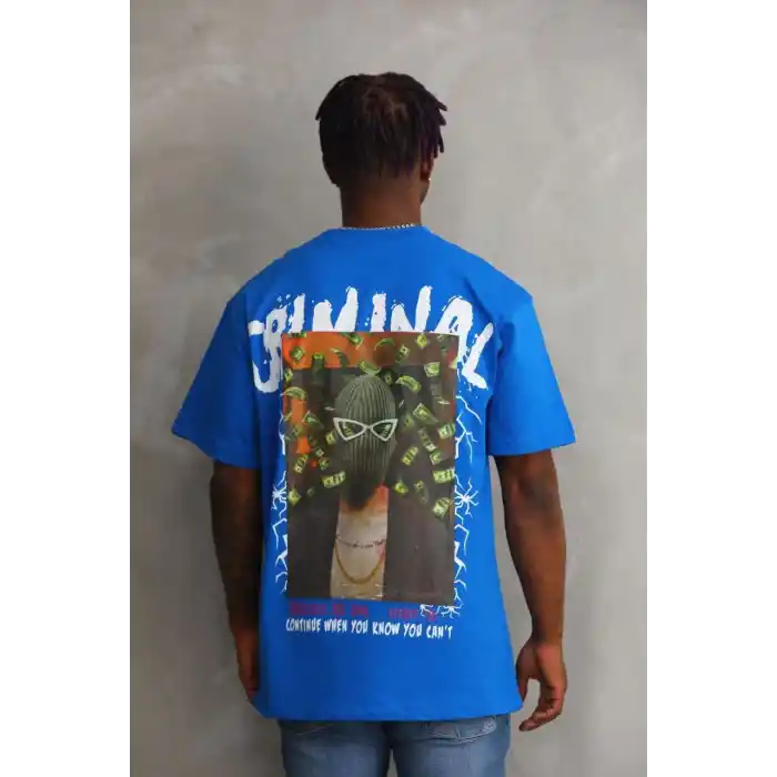 Unisex Baskılı Oversize T-Shirt - Mavi