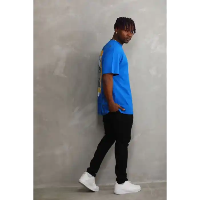 Unisex Baskılı Oversize T-Shirt - Mavi