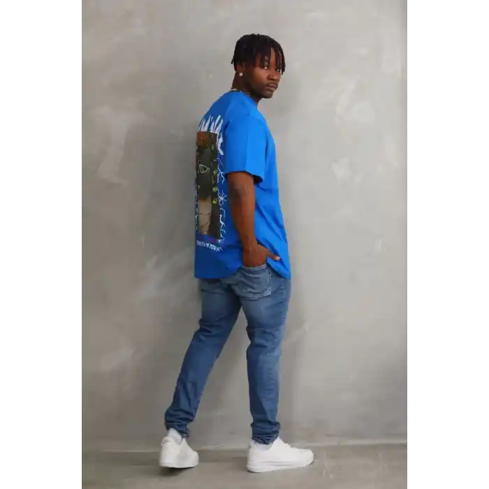 Unisex Baskılı Oversize T-Shirt - Mavi