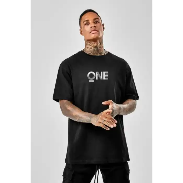 Unisex Baskılı Oversize T-Shirt - Siyah