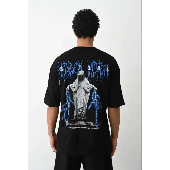 Unisex Baskılı Oversize T-Shirt - Siyah