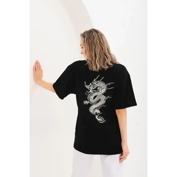 Unisex Baskılı Oversize T-Shirt - Siyah
