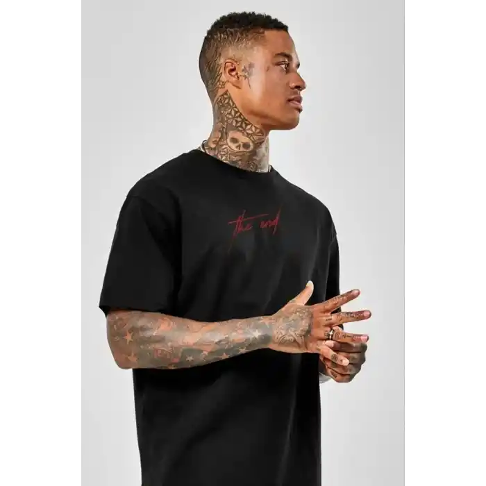 Unisex Baskılı Oversize T-Shirt - Siyah
