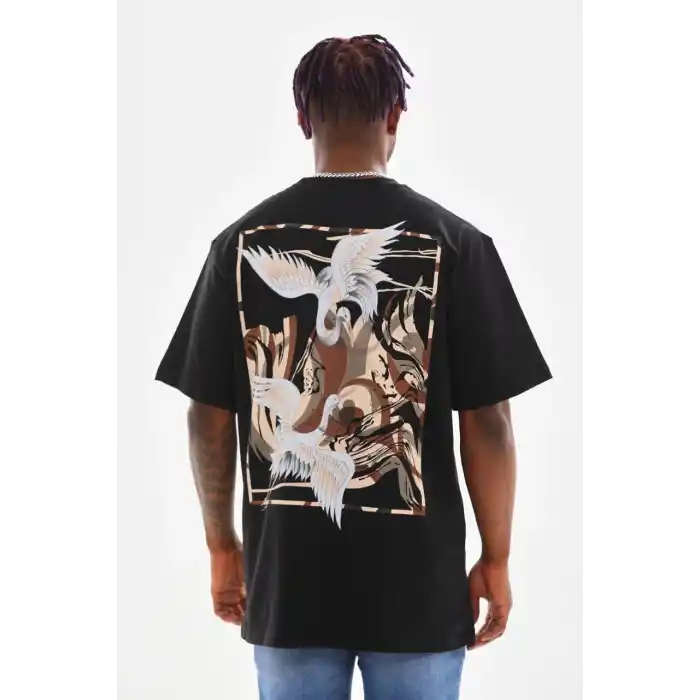 Unisex Baskılı Oversize T-Shirt - Siyah