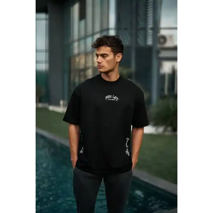 Unisex Baskılı Oversize T-Shirt - Siyah