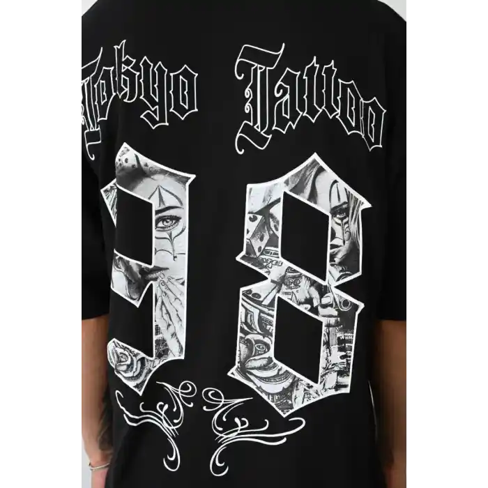 Unisex Baskılı Oversize T-Shirt - Siyah
