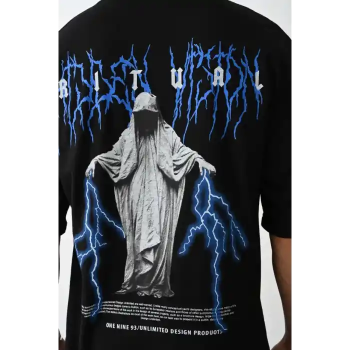 Unisex Baskılı Oversize T-Shirt - Siyah