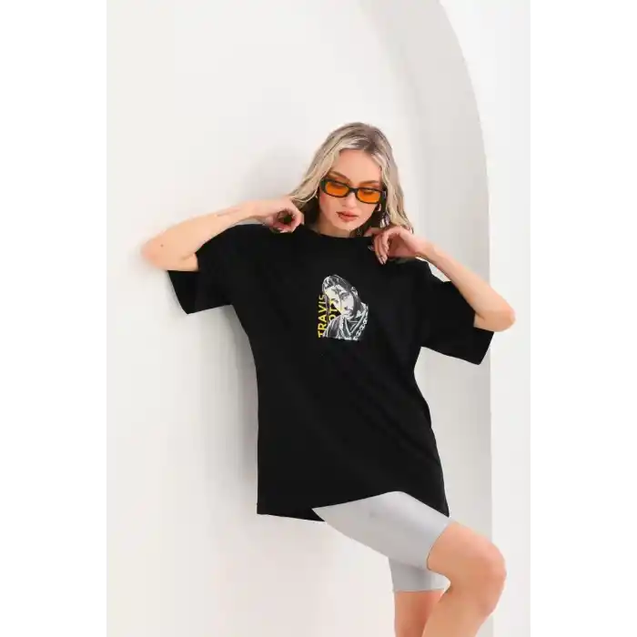 Unisex Baskılı Oversize T-Shirt - Siyah