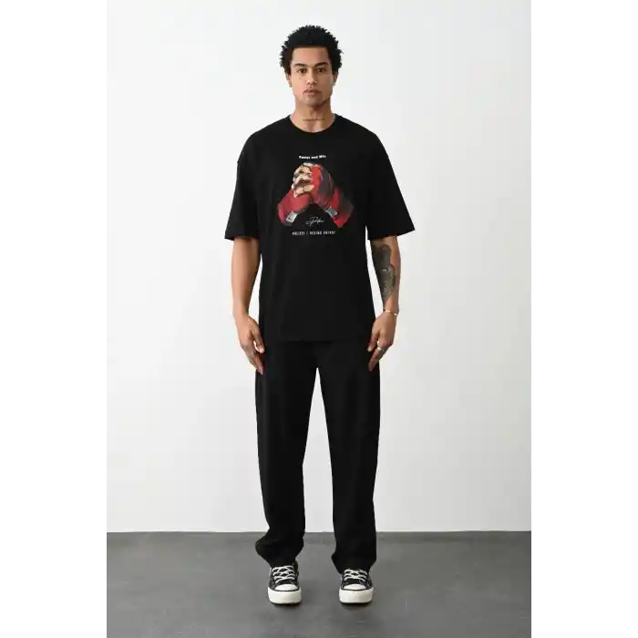 Unisex Baskılı Oversize T-Shirt - Siyah