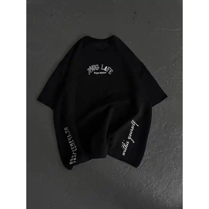 Unisex Baskılı Oversize T-Shirt - Siyah