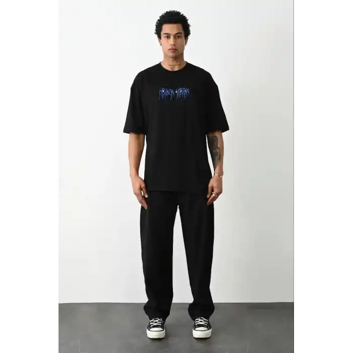 Unisex Baskılı Oversize T-Shirt - Siyah