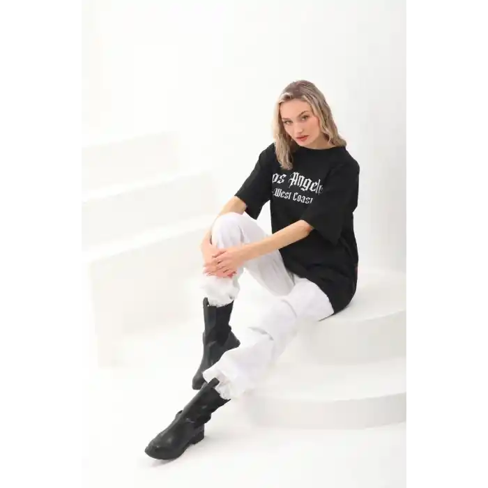 Unisex Baskılı Oversize T-Shirt - Siyah
