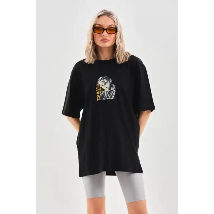 Unisex Baskılı Oversize T-Shirt - Siyah