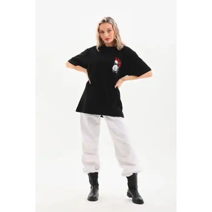 Unisex Baskılı Oversize T-Shirt - Siyah