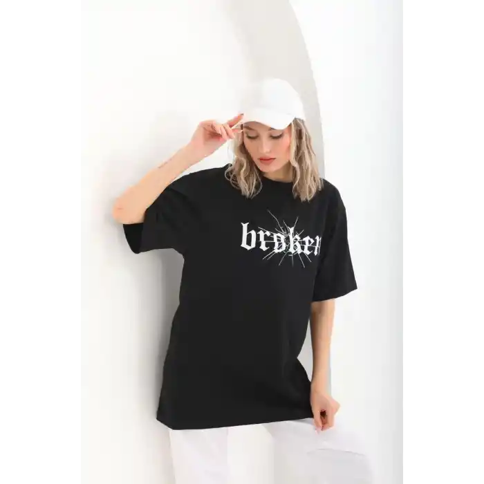 Unisex Baskılı Oversize T-Shirt - Siyah