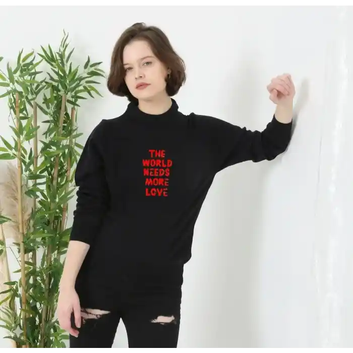 Unisex Bisiklet Yaka Baskılı Dokuma Triko - Siyah