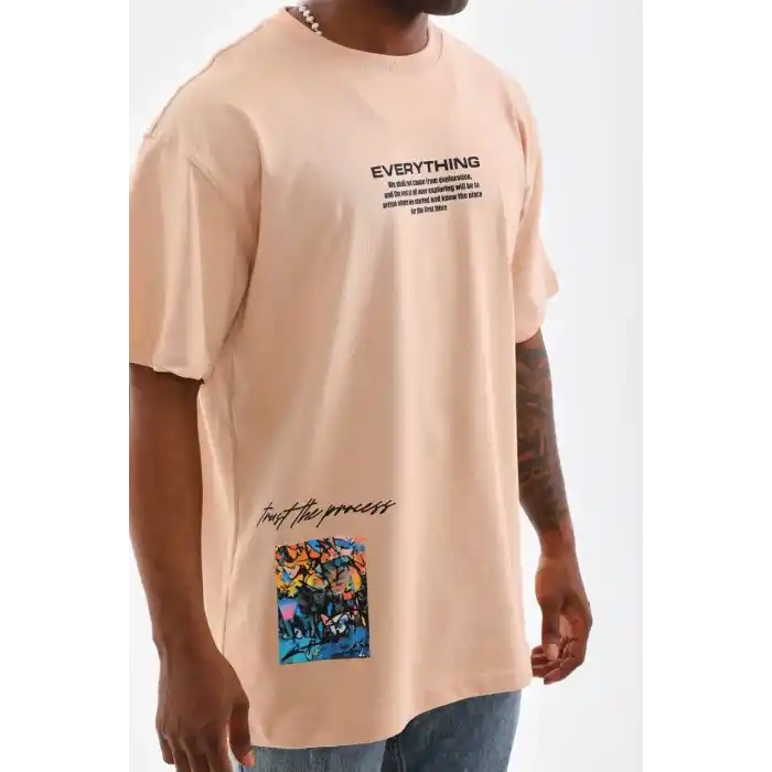 Unisex Bisiklet Yaka Baskılı Oversize T-Shirt - Bej