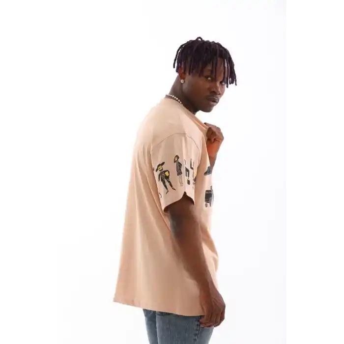 Unisex Bisiklet Yaka Baskılı Oversize T-Shirt - Bej