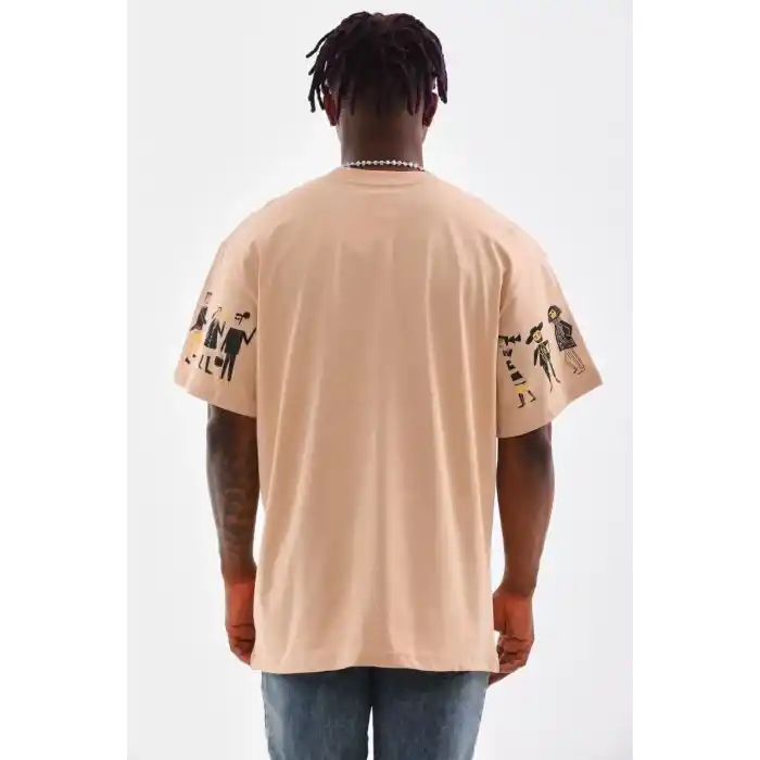 Unisex Bisiklet Yaka Baskılı Oversize T-Shirt - Bej
