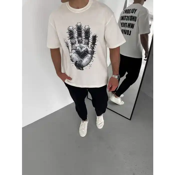 Unisex Bisiklet Yaka Baskılı Oversize T-Shirt - Beyaz