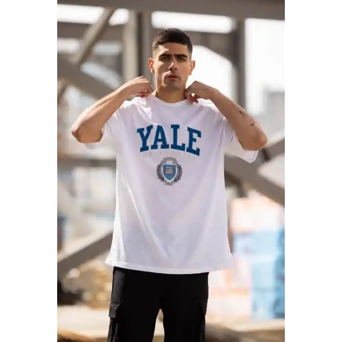 Unisex Bisiklet Yaka Baskılı Oversize T-Shirt - Beyaz