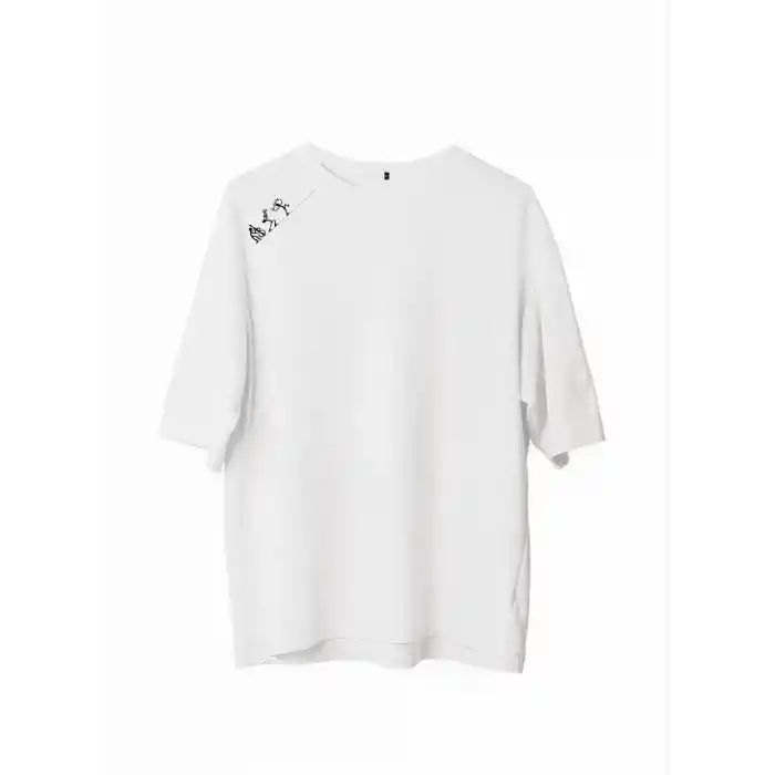 Unisex Bisiklet Yaka Baskılı Oversize T-Shirt - Beyaz