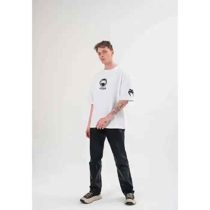 Unisex Bisiklet Yaka Baskılı Oversize T-Shirt - Beyaz