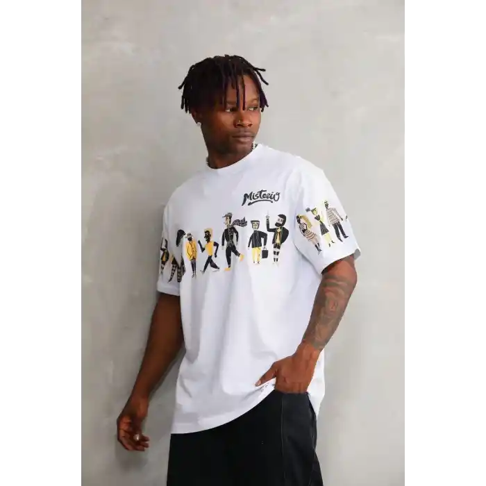 Unisex Bisiklet Yaka Baskılı Oversize T-Shirt - Beyaz