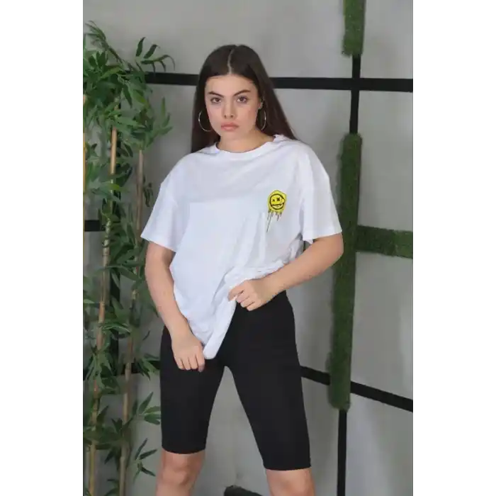 Unisex Bisiklet Yaka Baskılı Oversize T-Shirt - Beyaz