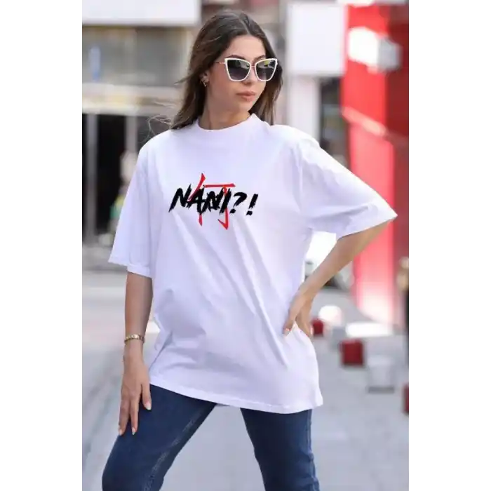 Unisex Bisiklet Yaka Baskılı Oversize T-Shirt - Beyaz
