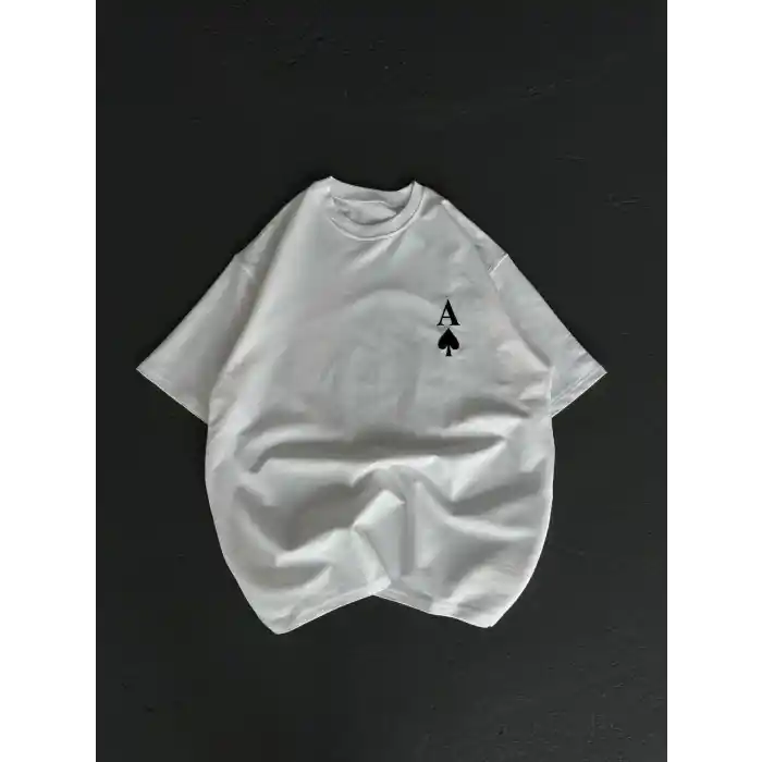 Unisex Bisiklet Yaka Baskılı Oversize T-Shirt - Beyaz