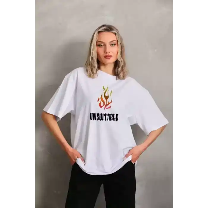 Unisex Bisiklet Yaka Baskılı Oversize T-Shirt - Beyaz