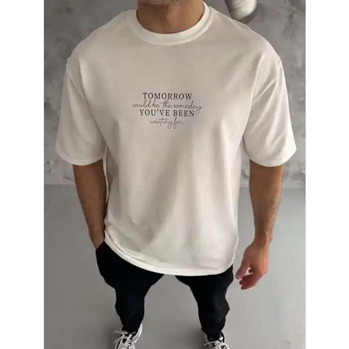 Unisex Bisiklet Yaka Baskılı Oversize T-Shirt - Beyaz