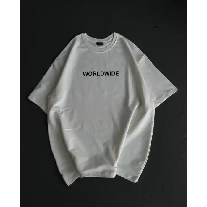 Unisex Bisiklet Yaka Baskılı Oversize T-Shirt - Beyaz