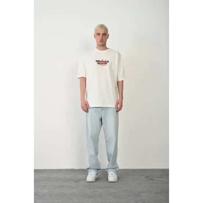 Unisex Bisiklet Yaka Baskılı Oversize T-Shirt - Beyaz