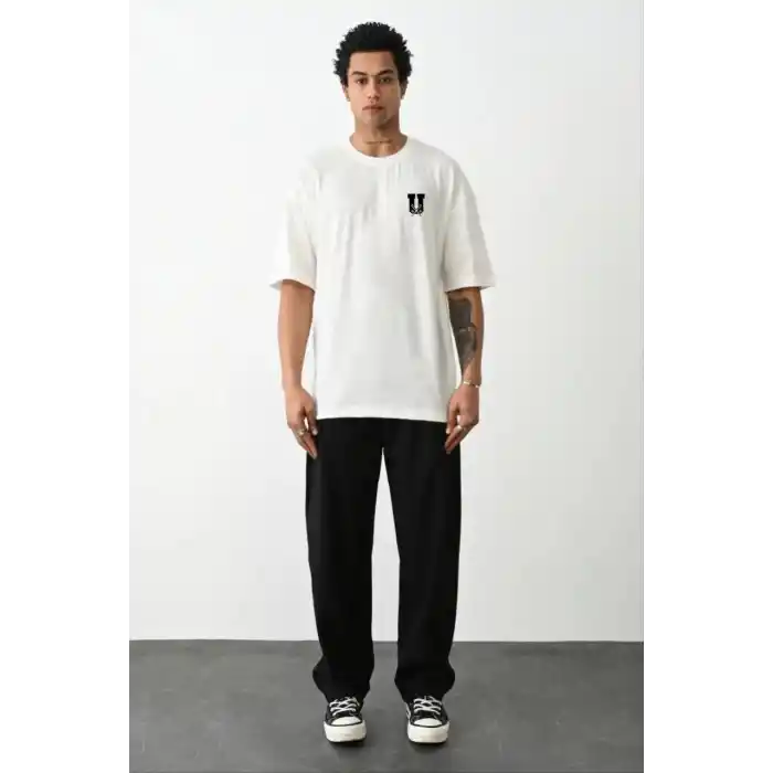 Unisex Bisiklet Yaka Baskılı Oversize T-Shirt - Beyaz