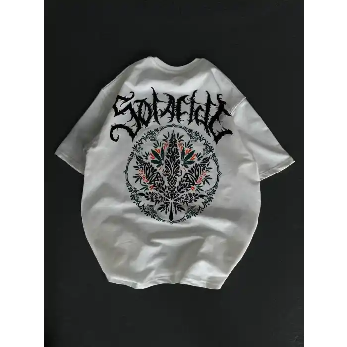 Unisex Bisiklet Yaka Baskılı Oversize T-Shirt - Beyaz