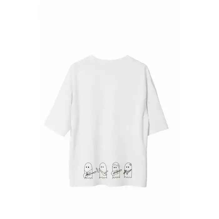 Unisex Bisiklet Yaka Baskılı Oversize T-Shirt - Beyaz
