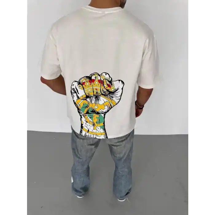 Unisex Bisiklet Yaka Baskılı Oversize T-Shirt - Beyaz