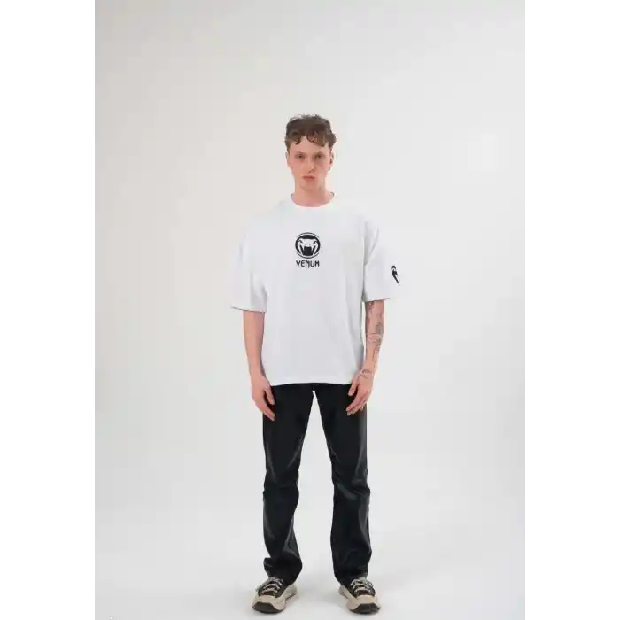 Unisex Bisiklet Yaka Baskılı Oversize T-Shirt - Beyaz