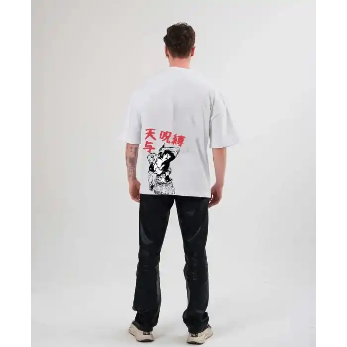 Unisex Bisiklet Yaka Baskılı Oversize T-Shirt - Beyaz