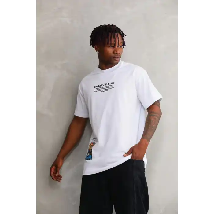 Unisex Bisiklet Yaka Baskılı Oversize T-Shirt - Beyaz