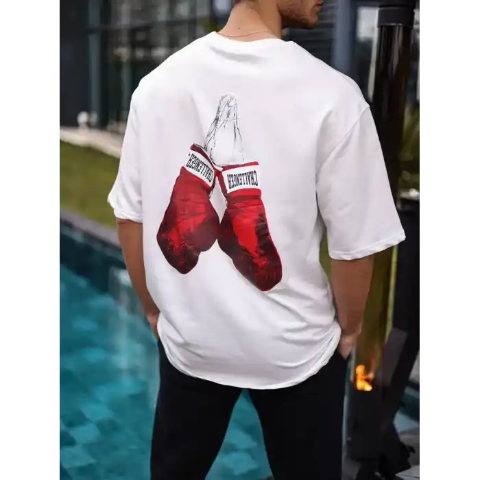 Unisex Bisiklet Yaka Baskılı Oversize T-Shirt - Beyaz